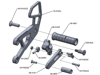 05-0165B Kawasaki Ninja ZX10 2006-10 Complete Rearset Kit w/ Pedals - STD/GP Shift