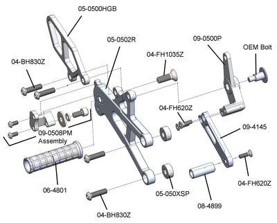 05-0516B Triumph 765 Street Triple Complete Rearset Kit w/ Pedals - GP Shift w/ Aftermarket Push QS