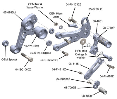 05-0761B Aprilia RS457 Adjustable Rearset Kit Complete W/Pedals