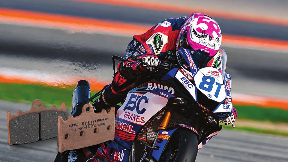 EBC EPFA sintered pads over a sportbike racing on track